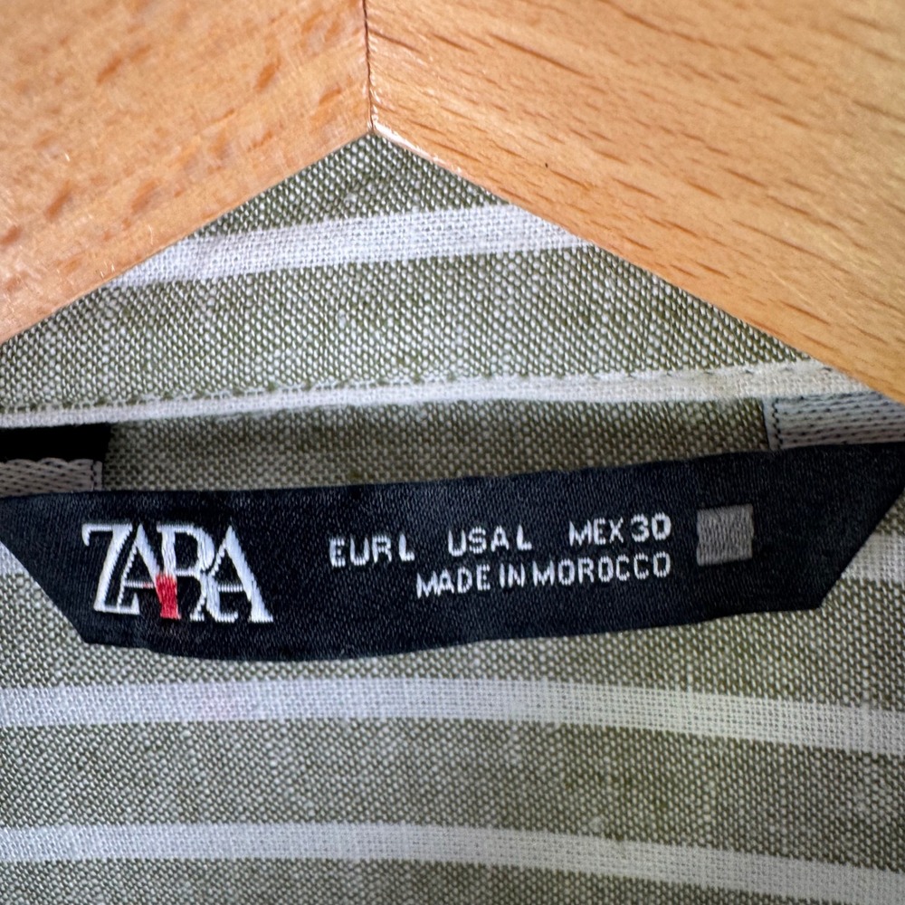 Zara Linen Striped Oversized Button Down Shirt Womens L Green White French Cuffs - Picture 4 of 8
